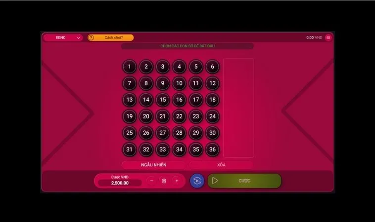 Giao diện chơi game nhanh Keno tại BK8