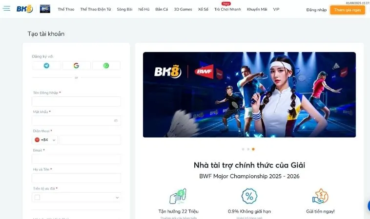 Giao diện đăng ký BK8